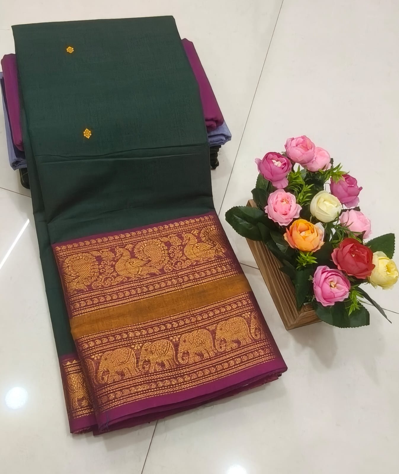 Bottle Green Peacock Butta Kanchi Cotton Saree